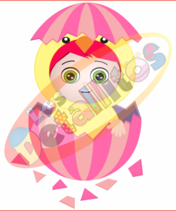 Ilustración de un bebé en un SET Los Detallitos Disfraz Pascua Fondo Transparente dentro de un colorido huevo de Pascua agrietado, rodeado por una variedad de artículos pequeños como un biberón, chupete y juguetes. Los tonos rosa y naranja dominan la imagen.