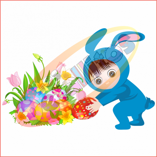 Un niño pequeño vestido con un conejito azul SET Los Detallitos Disfraz Pascua Fondo Transparente busca juguetonamente un colorido huevo de Pascua cerca de una canasta llena de huevos decorados y flores primaverales.