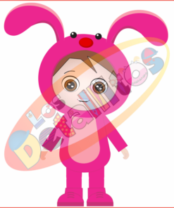 Ilustración de un niño de dibujos animados vestido con un conejito rosa SET Los Detallitos Disfraz Pascua Fondo Transparente, con orejas de gran tamaño y detalles rojos en forma de antena, sonriendo con los ojos muy abiertos.