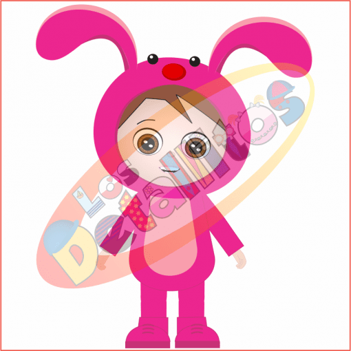 Ilustración de un niño de dibujos animados vestido con un conejito rosa SET Los Detallitos Disfraz Pascua Fondo Transparente, con orejas de gran tamaño y detalles rojos en forma de antena, sonriendo con los ojos muy abiertos.
