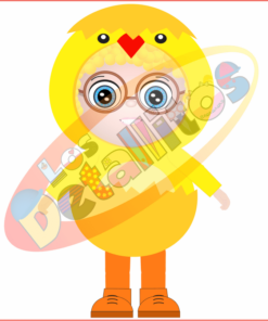 Ilustración de un lindo polluelo antropomórfico sosteniendo una mochila y usando gafas, con el estilo de un estudiante con libros y una regla. Colorido y caricaturesco, ideal para temática infantil. Presenta el SET Los Detallitos Disfraz Pascua Fondo Transparente, perfecto para diversos usos de diseño.