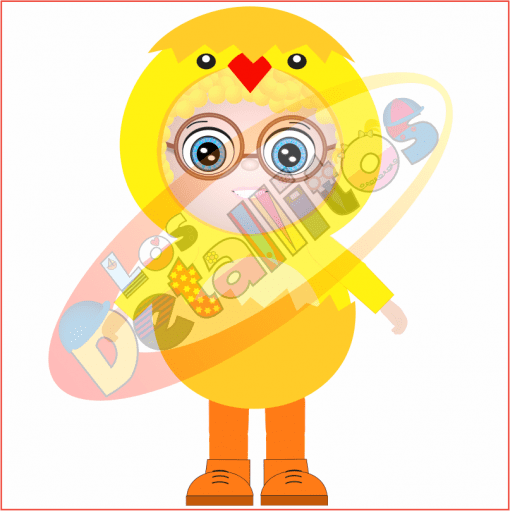 Ilustración de un lindo polluelo antropomórfico sosteniendo una mochila y usando gafas, con el estilo de un estudiante con libros y una regla. Colorido y caricaturesco, ideal para temática infantil. Presenta el SET Los Detallitos Disfraz Pascua Fondo Transparente, perfecto para diversos usos de diseño.