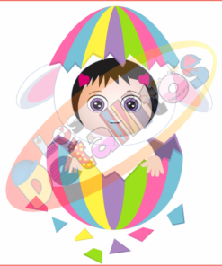 Ilustración colorida de un personaje caprichoso con ojos grandes y una expresión peculiar, asomándose a través de un SET vibrante y estampado Los Detallitos Disfraz Pascua Fondo Transparente.