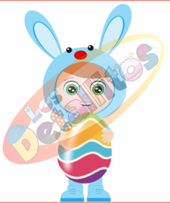 Ilustración de un personaje caprichoso con grandes orejas de conejo, con gafas y sosteniendo un colorido huevo de Pascua de gran tamaño. El fondo incluye un leve contorno de la palabra 