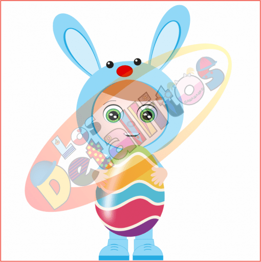 Ilustración de un personaje caprichoso con grandes orejas de conejo, con gafas y sosteniendo un colorido huevo de Pascua de gran tamaño. El fondo incluye un leve contorno de la palabra "blogs" en SET Los Detallitos Disfraz Pascua Fondo Transparente.