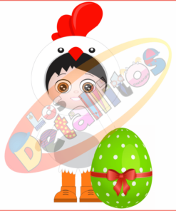 SET Los Detallitos Disfraz Pascua Fondo Transparente de un lindo pollo de dibujos animados vestido con un disfraz de Pascua, vestido con un peine y zarzo rojos, de pie junto a un gran huevo de Pascua verde adornado con un lazo rojo. El fondo es transparente.