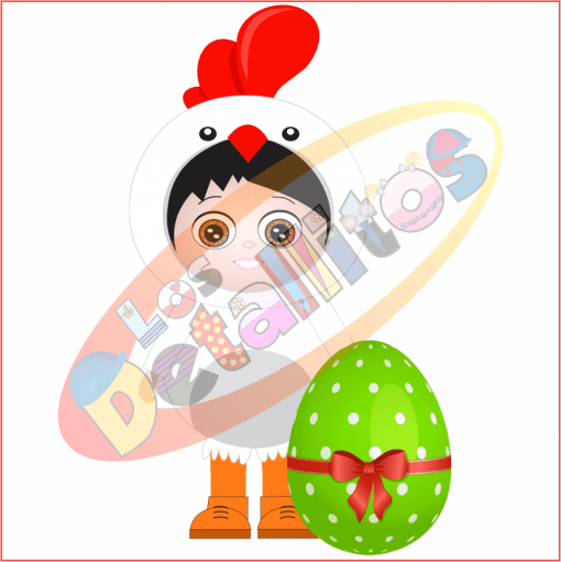 SET Los Detallitos Disfraz Pascua Fondo Transparente de un lindo pollo de dibujos animados vestido con un disfraz de Pascua, vestido con un peine y zarzo rojos, de pie junto a un gran huevo de Pascua verde adornado con un lazo rojo. El fondo es transparente.