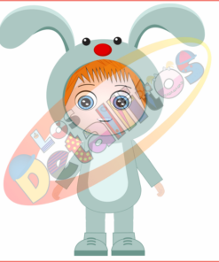 Ilustración de un joven pelirrojo luciendo un SET Los Detallitos Disfraz Pascua Fondo Transparente. El disfraz incluye orejas grandes y una pequeña nariz roja. En el interior de la barriga transparente del conejito se ven coloridos huevos de Pascua y caramelos.