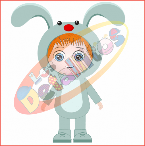 Ilustración de un joven pelirrojo luciendo un SET Los Detallitos Disfraz Pascua Fondo Transparente. El disfraz incluye orejas grandes y una pequeña nariz roja. En el interior de la barriga transparente del conejito se ven coloridos huevos de Pascua y caramelos.