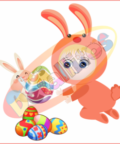 Ilustración de una escena lúdica que muestra a un niño disfrazado de conejito deslizándose por un tobogán de arcoíris hacia una pila de coloridos huevos de Pascua, acompañado por un conejito más pequeño. Este SET Los Detallitos Disfraz Pascua Fondo Transparente es parte de 