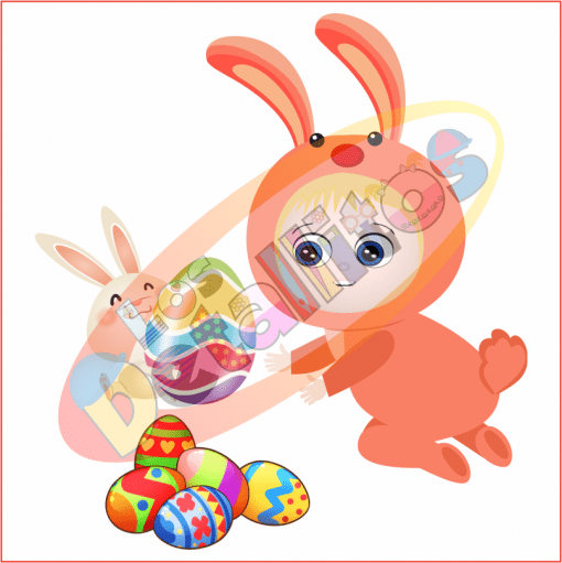 Ilustración de una escena lúdica que muestra a un niño disfrazado de conejito deslizándose por un tobogán de arcoíris hacia una pila de coloridos huevos de Pascua, acompañado por un conejito más pequeño. Este SET Los Detallitos Disfraz Pascua Fondo Transparente es parte de "Los Detallitos".