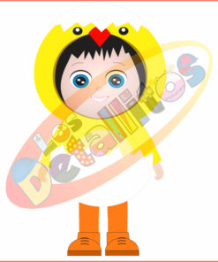 Una caricatura de un niño pequeño vestido con un disfraz de pato amarillo brillante, sosteniendo una colorida canasta de huevos de Pascua de SET Los Detallitos Disfraz Pascua Fondo Transparente, con una expresión alegre.