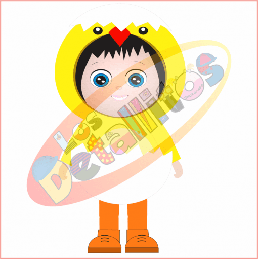 Una caricatura de un niño pequeño vestido con un disfraz de pato amarillo brillante, sosteniendo una colorida canasta de huevos de Pascua de SET Los Detallitos Disfraz Pascua Fondo Transparente, con una expresión alegre.