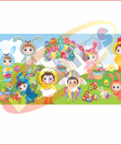 Ilustración de niños en coloridos disfraces de conejitos celebrando Pascua con cestas y huevos decorados, contra un fondo pastel con un letrero que dice "Feliz Pascua" en Diseño Para Lona Conejitos Pascua (2 X 1 METRO).