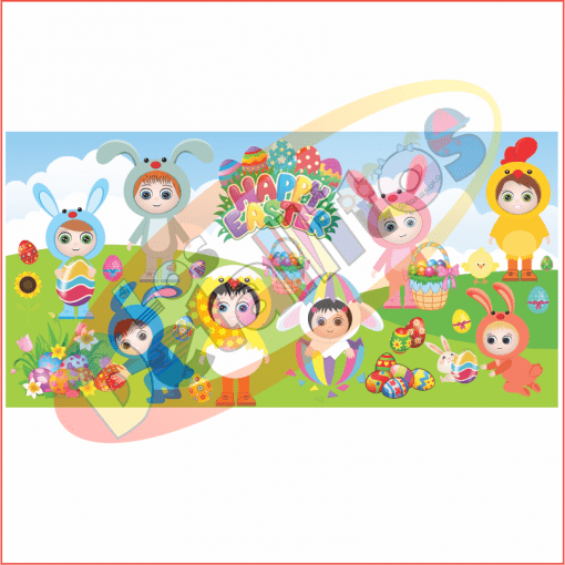 Ilustración de niños en coloridos disfraces de conejitos celebrando Pascua con cestas y huevos decorados, contra un fondo pastel con un letrero que dice "Feliz Pascua" en Diseño Para Lona Conejitos Pascua (2 X 1 METRO).