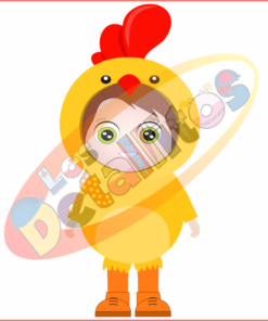 Una caricatura de un niño vestido con un SET amarillo Los Detallitos Disfraz Pascua Fondo Transparente, sosteniendo una canasta de coloridos huevos de Pascua en la espalda. El niño tiene ojos grandes y expresivos que se asoman por el disfraz.