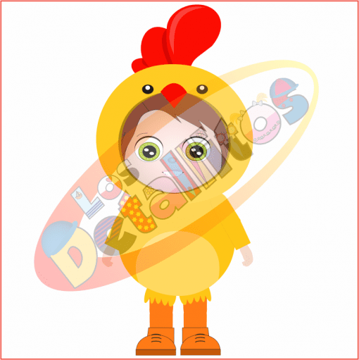 Una caricatura de un niño vestido con un SET amarillo Los Detallitos Disfraz Pascua Fondo Transparente, sosteniendo una canasta de coloridos huevos de Pascua en la espalda. El niño tiene ojos grandes y expresivos que se asoman por el disfraz.