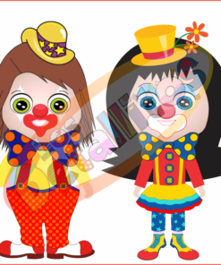 Ilustración de dos payasos de dibujos animados uno frente al otro. Un payaso lleva un sombrero de copa amarillo y ropa colorida; el otro luce un accesorio para el cabello de flores y una chaqueta roja, ambientada en estilo PNG 