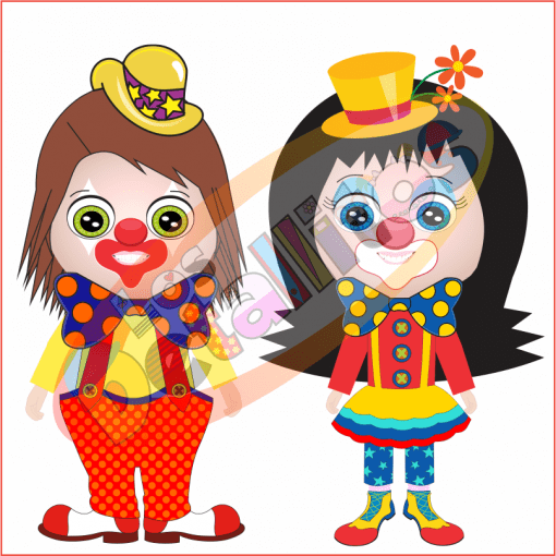 Ilustración de dos payasos de dibujos animados uno frente al otro. Un payaso lleva un sombrero de copa amarillo y ropa colorida; el otro luce un accesorio para el cabello de flores y una chaqueta roja, ambientada en estilo PNG "SET De Payasitos Fondo Transparente".