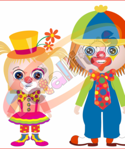 Dos coloridos payasos de dibujos animados, uno con un sombrero de copa amarillo y el otro con una gorra multicolor, tomados de la mano y sonriendo en el conjunto PNG 