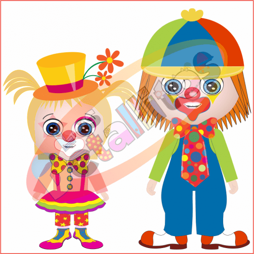 Dos coloridos payasos de dibujos animados, uno con un sombrero de copa amarillo y el otro con una gorra multicolor, tomados de la mano y sonriendo en el conjunto PNG "SET De Payasitos Fondo Transparente".