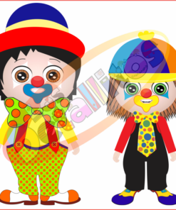 Dos coloridos payasos de dibujos animados con trajes y sombreros vívidos, uno dándose la mano al otro. El primer payaso tiene nariz azul y sombrero rojo, mientras que el segundo usa anteojos y gorra multicolor del producto 