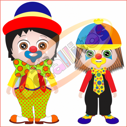 Dos coloridos payasos de dibujos animados con trajes y sombreros vívidos, uno dándose la mano al otro. El primer payaso tiene nariz azul y sombrero rojo, mientras que el segundo usa anteojos y gorra multicolor del producto "SET De Payasitos Fondo Transparente".