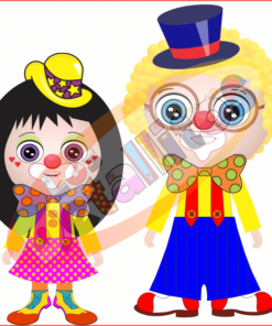 Dos coloridos payasos estilo caricatura del SET De Payasitos Fondo Transparente, uno vestido con sombrero amarillo, vestido de lunares, y el otro con chistera azul, pantalón de rayas, con lentes oversize. Tienen rasgos faciales alegres y exagerados.