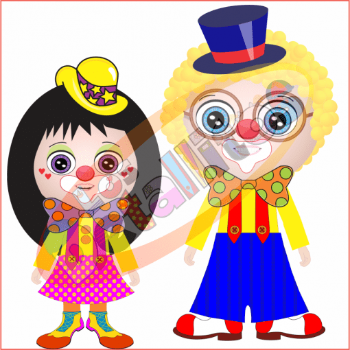 Dos coloridos payasos estilo caricatura del SET De Payasitos Fondo Transparente, uno vestido con sombrero amarillo, vestido de lunares, y el otro con chistera azul, pantalón de rayas, con lentes oversize. Tienen rasgos faciales alegres y exagerados.