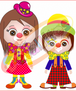 Dos niños de dibujos animados vestidos como payasos, con trajes y sombreros coloridos, uno al lado del otro sobre un fondo blanco. La niña payasa tiene un lazo rosa y una estrella decorada del 