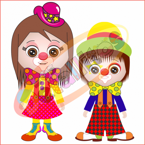 Dos niños de dibujos animados vestidos como payasos, con trajes y sombreros coloridos, uno al lado del otro sobre un fondo blanco. La niña payasa tiene un lazo rosa y una estrella decorada del "SET De Payasitos Fondo Transparente", mientras que el niño lleva un sombrero verde.