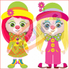 Dos coloridos personajes payasos animados del SET De Payasitos Fondo Transparente, uno con sombrero amarillo y gabardina, el otro con sombrero verde y traje rosa, ambos adornados con flores y diseños divertidos.