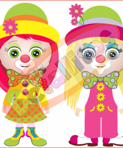 Dos coloridos personajes payasos animados del SET De Payasitos Fondo Transparente, uno con sombrero amarillo y gabardina, el otro con sombrero verde y traje rosa, ambos adornados con flores y diseños divertidos.
