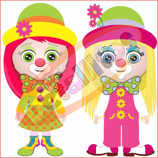 Dos coloridos personajes payasos animados del SET De Payasitos Fondo Transparente, uno con sombrero amarillo y gabardina, el otro con sombrero verde y traje rosa, ambos adornados con flores y diseños divertidos.
