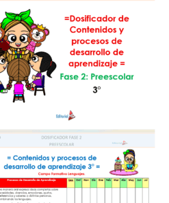 Ilustración de una mujer sonriente con una cinta verde en la cabeza y niños que sostienen animales de peluche, encima de un texto en español sobre el Programa Analítico Preescolar Ciclo 2025-2026 NEM, que destaca los procesos de desarrollo del aprendizaje en 3º curso.