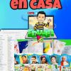 Colorido cartel promocional de "PAPELERIA EN CASA" que muestra un personaje de dibujos animados llamado Edwin en una pantalla de computadora, rodeado de imágenes de útiles escolares y carteles.