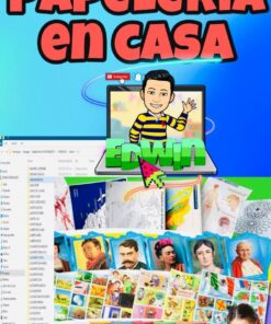 Colorido cartel promocional de "PAPELERIA EN CASA" que muestra un personaje de dibujos animados llamado Edwin en una pantalla de computadora, rodeado de imágenes de útiles escolares y carteles.