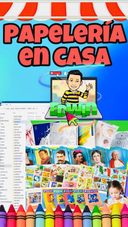 Colorido cartel promocional de "PAPELERIA EN CASA" que muestra un personaje de dibujos animados llamado Edwin en una pantalla de computadora, rodeado de imágenes de útiles escolares y carteles.