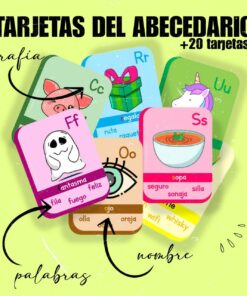 Una imagen colorida de Tarjetas del abecedario (Lectura de palabras) en español. Cada tarjeta presenta una letra con sus ilustraciones correspondientes: un cerdo para la 