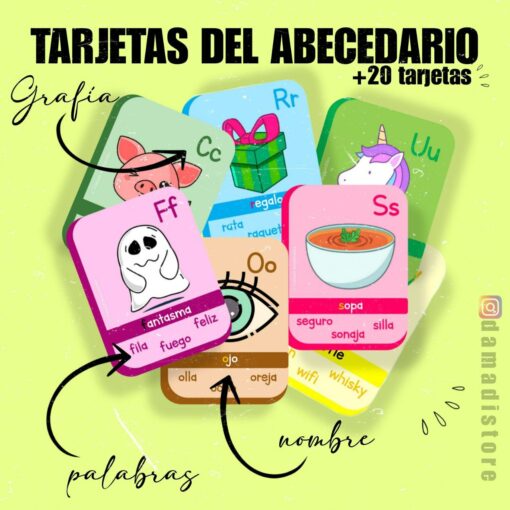 Una imagen colorida de Tarjetas del abecedario (Lectura de palabras) en español. Cada tarjeta presenta una letra con sus ilustraciones correspondientes: un cerdo para la "P", un regalo para la "R", un unicornio para la "U", un fantasma para la "F" y un ojo para la "O". El texto resalta aspectos como "grafía", "palabras" y "nombre" para ayudar en la lectura de palabras.