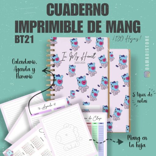 Publicidad: Descubre nuestro cuaderno imprimible temático "Cuaderno PDF Mang BT21 BTS 135 hojas" disponible en formato PDF. La portada muestra un caballo azul de dibujos animados sobre un fondo morado con el texto: "Cuaderno Imprimible de Mang BT21". Las características incluyen un calendario, agenda, horario y cinco tipos de notas. Síguenos en Instagram @Lamadistore.