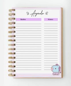 Cuaderno PDF Mang BT21 BTS de 135 hojas encuadernado en espiral con portada blanca y violeta claro, titulado 