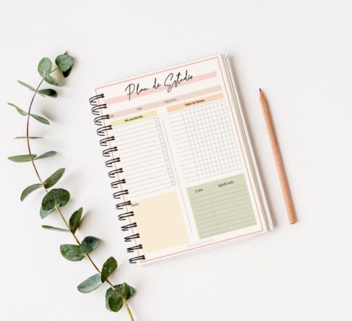 Un "Cuaderno de estudio - Dinosaurio (100 hojas)" encuadernado en espiral y abierto sobre un fondo blanco. Cuenta con secciones para tareas, horarios y notas en 100 hojas. Al lado hay un lápiz de madera y en el lado izquierdo de la agenda hay una rama de eucalipto decorativa.