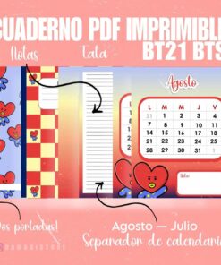 Un anuncio colorido para un cuaderno PDF imprimible con caracteres BT21. La imagen muestra diseños de portada, secciones de notas y tareas pendientes, y separadores de calendario de agosto a julio. Este divertido y vibrante Cuaderno PDF TATA BT21 BTS tiene un fondo rosa con fuentes y gráficos divertidos.