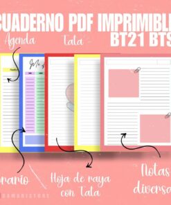 ¡Descubre nuestro Cuaderno PDF TATA BT21 BTS con Tata de BT21! La imagen muestra cuatro páginas vibrantes: una agenda amarilla, un horario morado, una página con líneas verdes con Tata y una página de notas blanca. Perfecto para organizar tu vida: disfruta de 