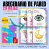 Imagen promocionando un Abecedario de pared (fondo blanco) a la venta. Presenta tarjetas coloridas con letras e ilustraciones, como la "O" con un ojo sobre un fondo fondo blanco. El juego incluye 28 hojas, un PDF y tiene un precio de $30,00. Contacto telefónico: +52 498 120 99 18.