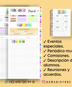 Una imagen presenta coloridas hojas de planificación y un cuaderno de espiral para la organización de eventos dirigidos a educadores de primaria. El texto incluye secciones para 