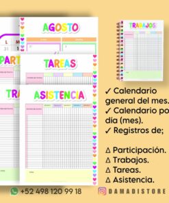 Una imagen que muestra coloridos imprimibles de organización escolar y un cuaderno, perfecta para una agenda docente primaria ciclo 23-24. Los imprimibles están etiquetados como 