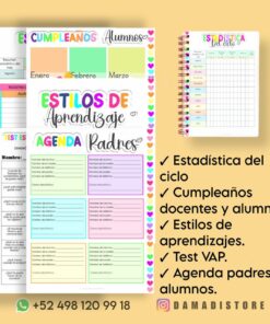 Se muestra un colorido conjunto de imprimibles educativos en español, que incluye gráficos para cumpleaños, estilos de aprendizaje y una agenda para padres. También se muestra un pequeño cuaderno de espiral con la etiqueta 