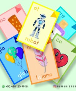 Un colorido conjunto de seis tarjetas con ilustraciones y palabras en español, perfecto para aprender con Tarjetas de las sílabas completas (directas, trabadas e inversas) 250 tarjetas. Las tarjetas incluyen una pluma, un robot, globos y un corazón, cada uno con las palabras correspondientes 